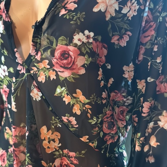 Blue Floral Wrap Blouse with Long Sleeves - Picture 2 of 9